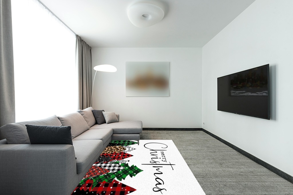 Merry Christmas Area Rug 5 x 8, Washable Bedroom Rug Non-Slip Kitchen Rugs Non Shedding Floor Cover Mat Runner Rug for Living Room Dining Room Outdoor Carpet Christmas Tree Buffalo Plaid Texture in Modern Living Room with Grey Couch