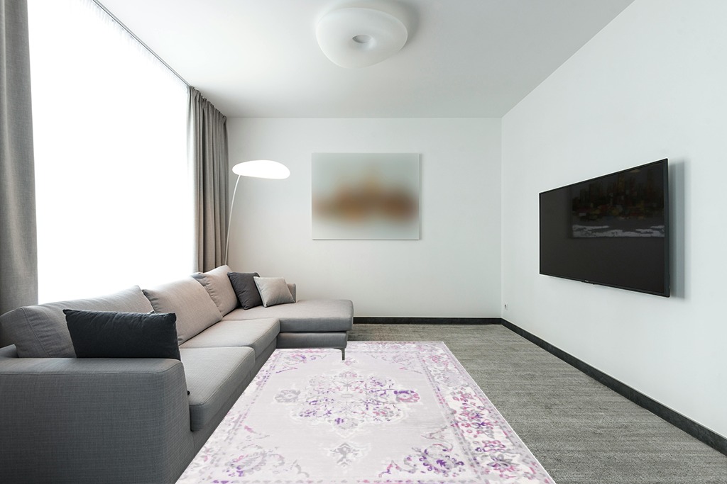 SAFAVIEH Skyler Collection 6' x 9' Grey / Pink SKY169P Distressed Medallion Non-Shedding Living Room Bedroom Dining Home Office Area Rug in Modern Living Room with Grey Couch