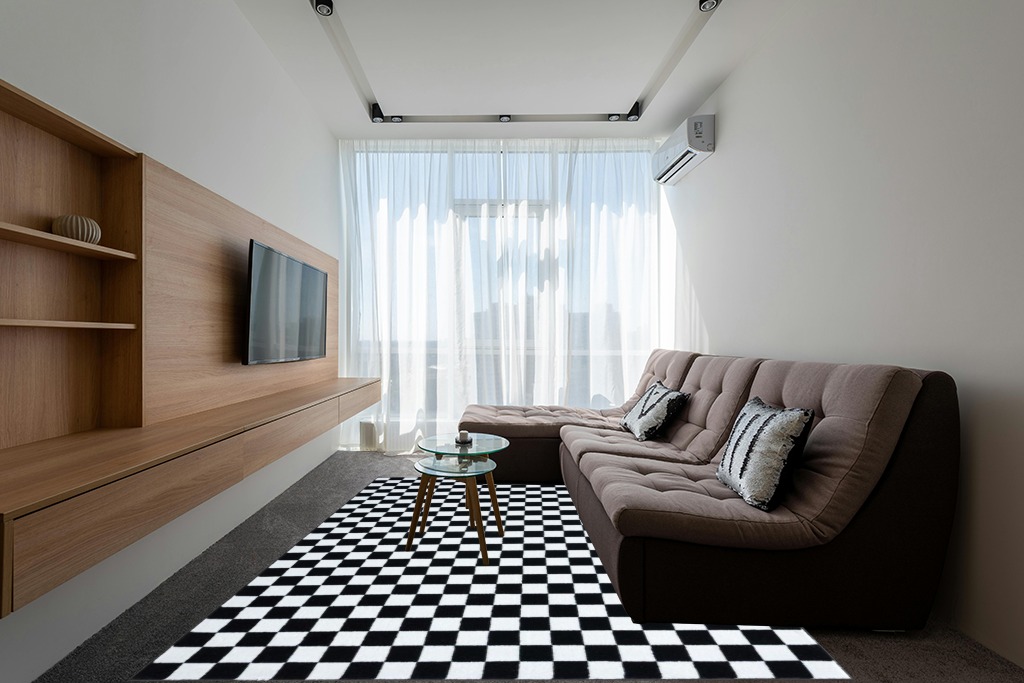 LUXE WEAVERS Geometric Checkered Black and White 8x10 Area Rug, Non-Shedding Modern Living Room Carpet in Grey Living Room with Brown Couch