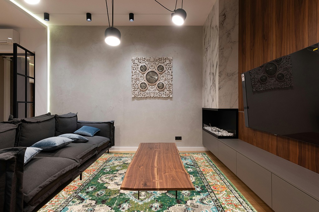 Forest Green/Light Blue Rug Non shedding, Stain Resistant, Pet friendly in Dark Wood Living Room with Black Couch