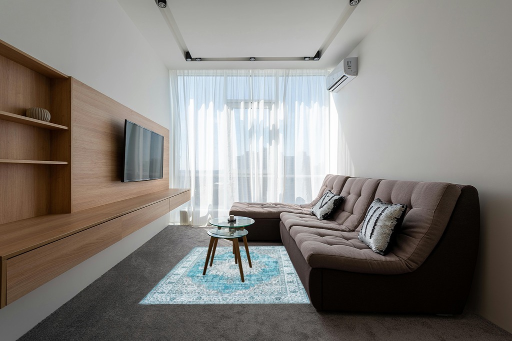 DECOMALL Kalina Washable Area Rugs in Grey Living Room with Brown Couch