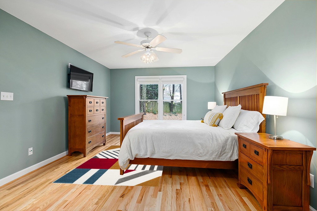 SAFAVIEH Hollywood Collection Area Rug - 5'3" x 7'6", Ivory & Peacock Blue, Mid-Century Modern Design, Non-Shedding & Easy Care, Ideal for High Traffic Areas in Living Room, Bedroom (HLW709B) in Teal and Orange Wood Bedroom