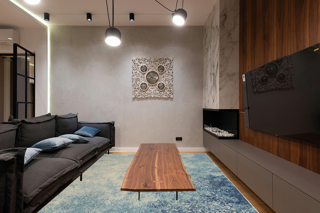 Nourison Passion Navy/Light Blue 8' x 10' Area -Rug, Modern, Abstract, Easy -Cleaning, Non Shedding, Bed Room, Living Room, Dining Room, Kitchen (8x10) in Dark Wood Living Room with Black Couch