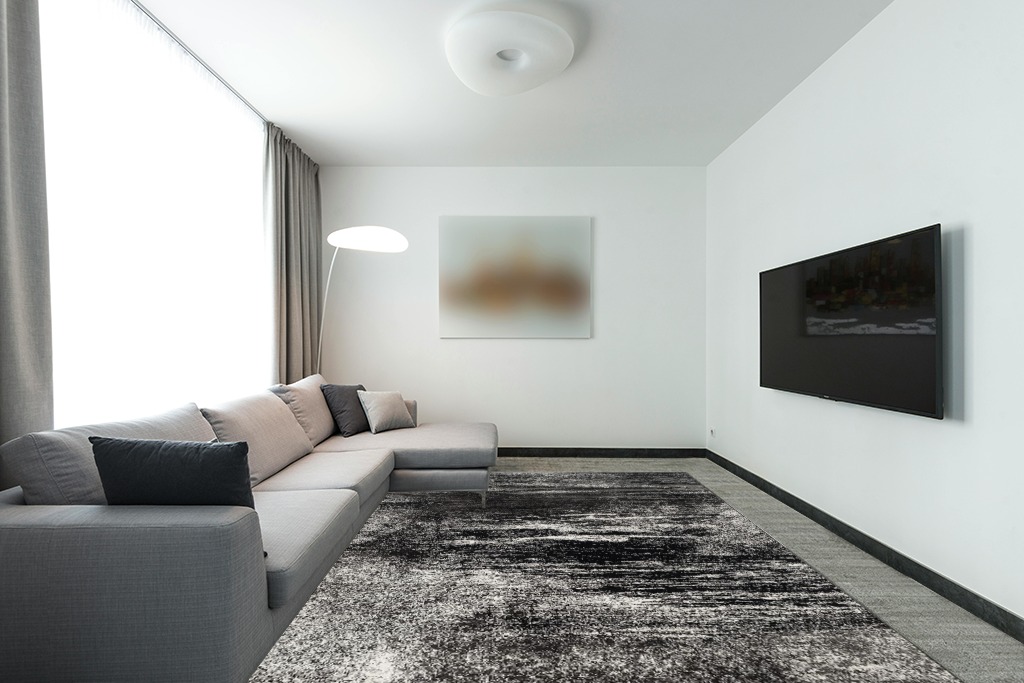 SAFAVIEH Adirondack Collection Area Rug - 9' x 12', Silver & Black, Modern Abstract Design, Non-Shedding & Easy Care, Ideal for High Traffic Areas in Living Room, Bedroom (ADR112A) in Modern Living Room with Grey Couch