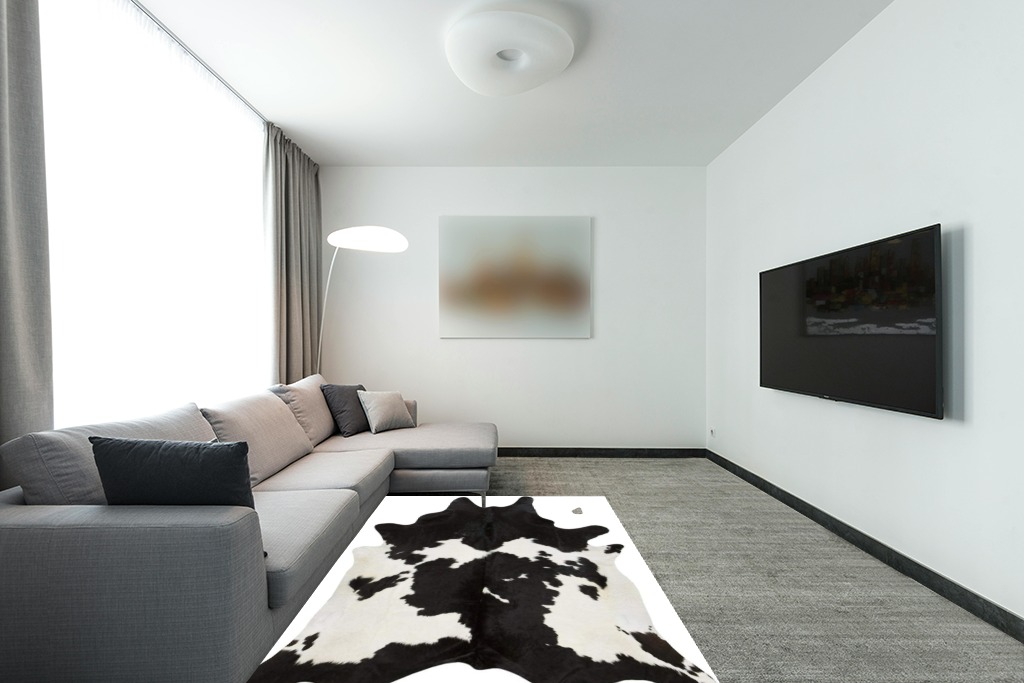 Just Cowhide Black and White Cowhide Rug Large Natural Cow Skin Cow Hide Leather Area Rug Hair On, Premium Black White Cow Hide Rugs (Black and White, 5 X 7) in Modern Living Room with Grey Couch
