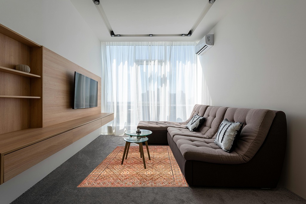 Rugs USA x Prabal Gurung Bagmati Machine Washable Area Rug, 5x8, Orange in Grey Living Room with Brown Couch