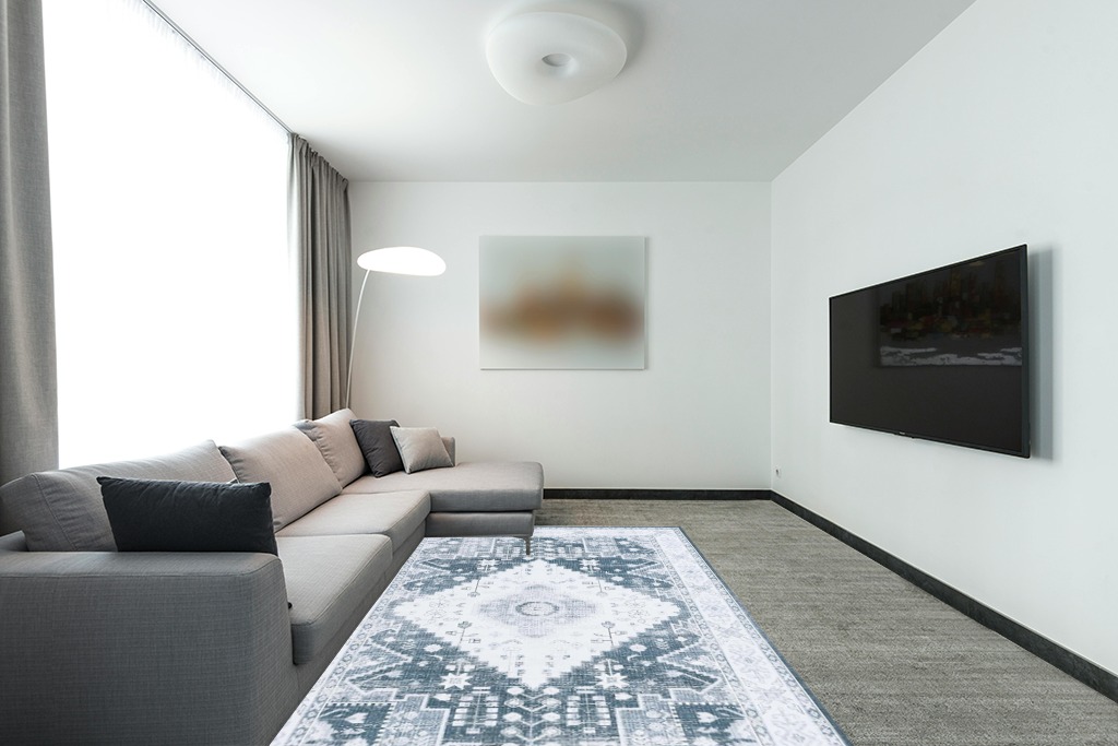 SAFAVIEH Arizona Collection Area Rug - 6' x 9', Grey Green & Ivory, Machine Washable & Slip Resistant, Distressed Design, Ideal for High Traffic Areas in Living Room, Bedroom, Dining (ARZ107F-6) in Modern Living Room with Grey Couch