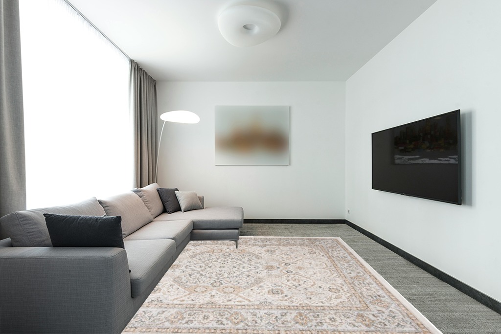 SAFAVIEH Isabella Collection Area Rug - 8' x 10', Cream & Beige, Oriental Design, Non-Shedding & Easy Care, Ideal for High Traffic Areas in Living Room, Bedroom (ISA916B) in Modern Living Room with Grey Couch