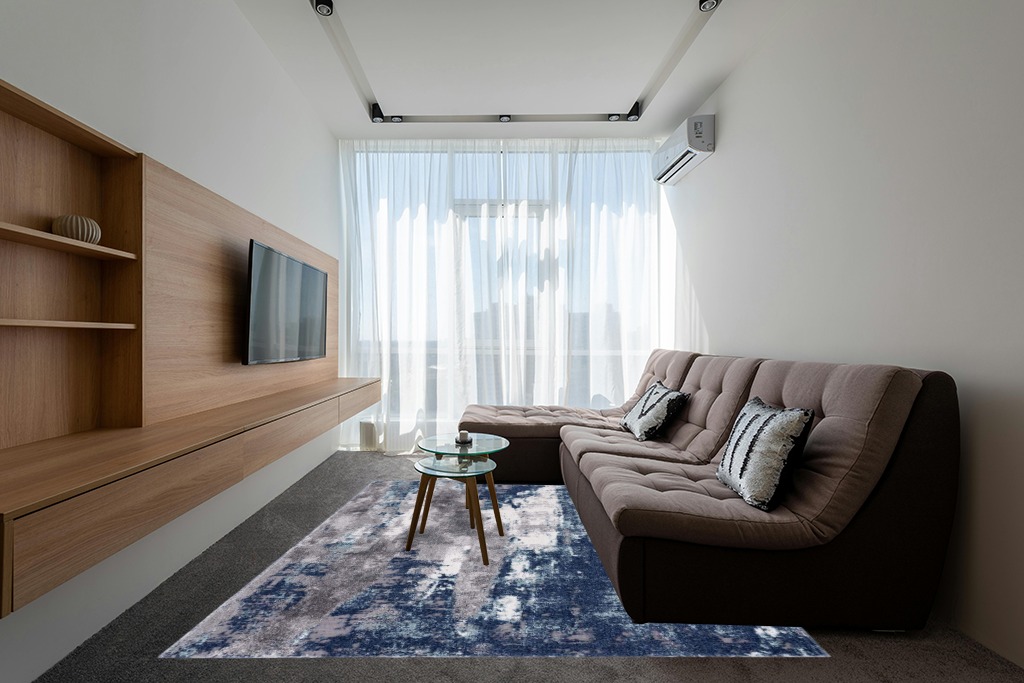 Blue Modern Stain Resistant Living Room, Bedroom, Playroom, Hallway, Dining Room Area Rug in Grey Living Room with Brown Couch