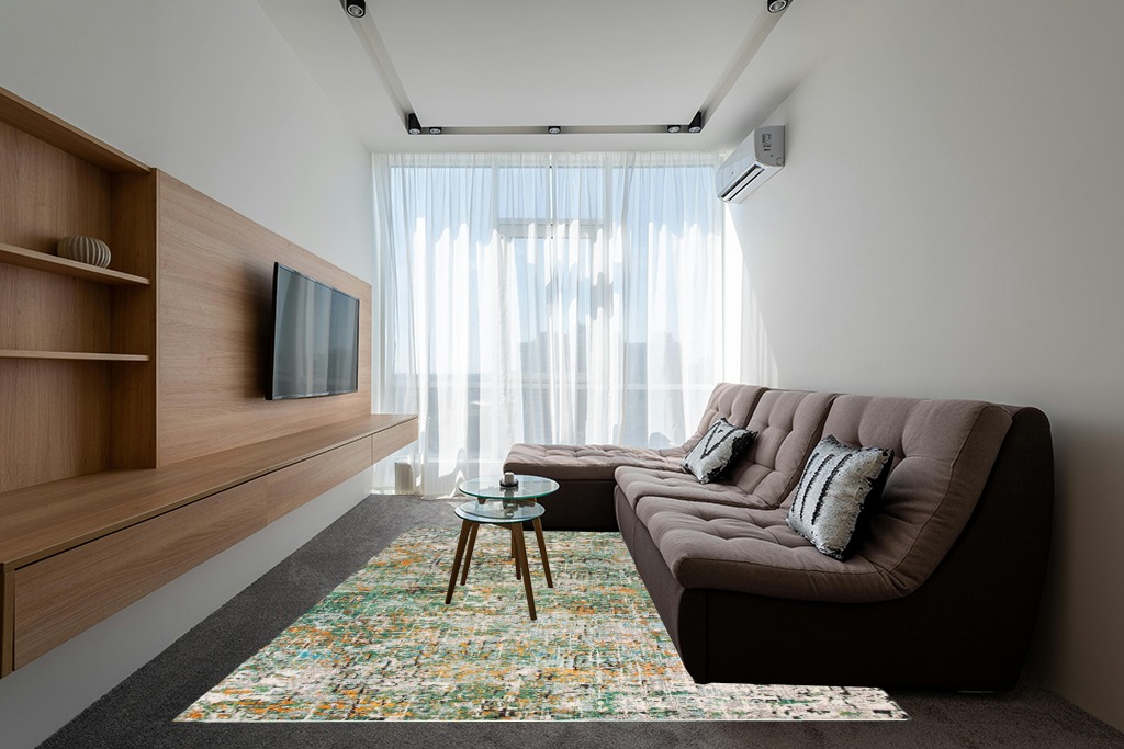 Green/Turquoise Contemporary Shed Resistant, Stain Resistant Living Room Area Rug in Grey Living Room with Brown Couch