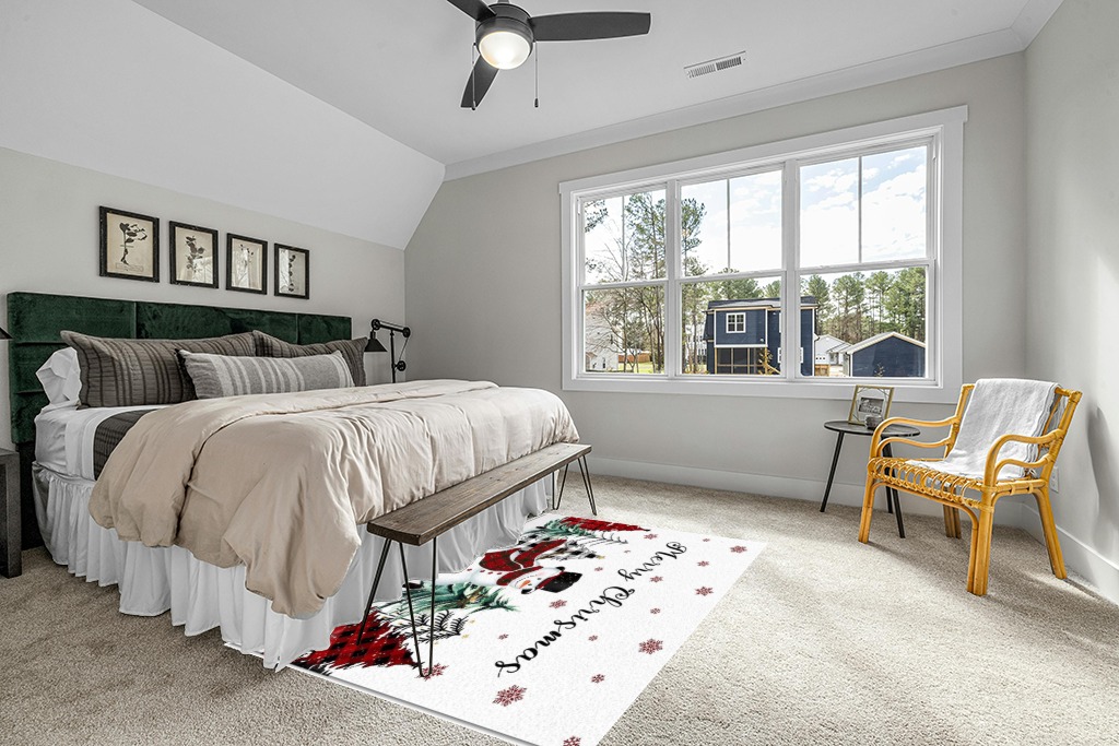 Christmas Snowman Area Rug for Living Room, Rectangular Indoor Carpet - 5' x 8', Winter Snowflake Xmas Tree Plaid Non-Skid Bathroom Mat Kitchen Runner Rugs for Bedroom in Grey Traditional Bedroom with King Bed
