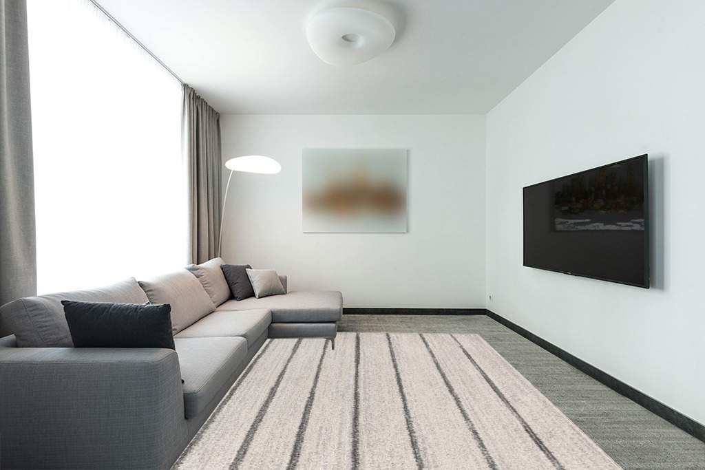 JONATHAN Y MOH201A-8 Williamsburg Minimalist Stripe Indoor Farmhouse Area-Rug Bohemian Minimalistic Easy-Cleaning Bedroom Kitchen Living Room Non Shedding, 8 X 10, Cream,Gray in Modern Living Room with Grey Couch