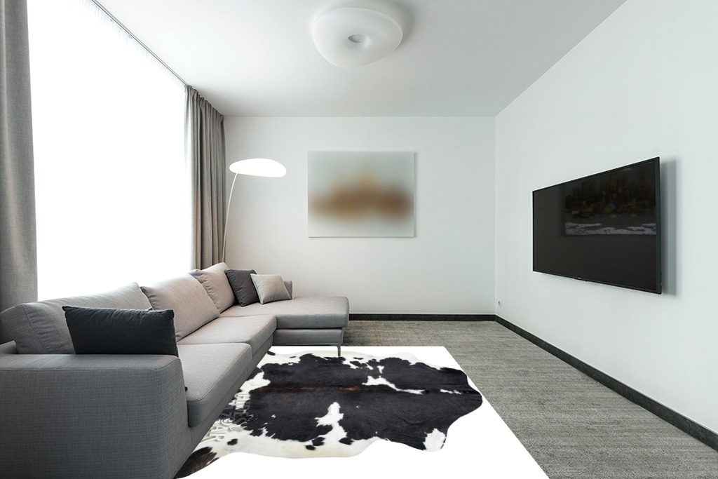 HIDES BAZAAR Dark Tricolor Cowhide Rug, Premium Quality Genuine Leather Cow Hide, Dark Brown, Black and White Area Rug (6x7 ft) in Modern Living Room with Grey Couch