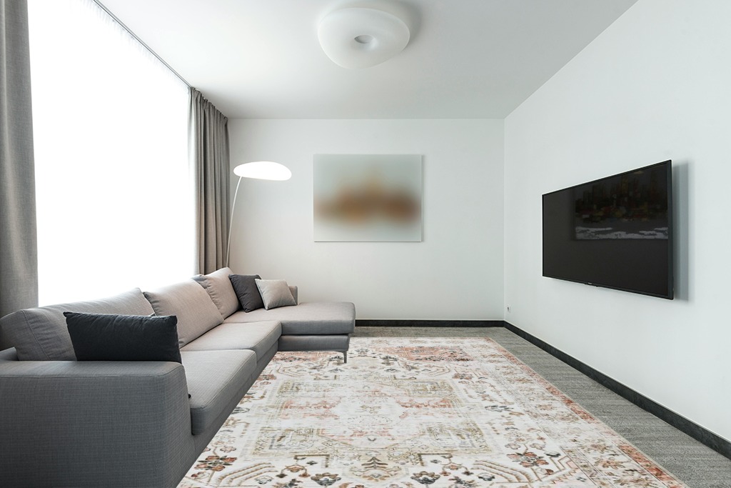 RUGSREAL Area Rug 9x12 Rug for Bedroom Floral Distressed Carpet Vintage Rug Indoor Floor Cover Lightweight Thin Rug Washable Non Slip Rug for Living Room Dining Room, Taupe, 9 x 12 in Modern Living Room with Grey Couch