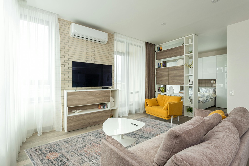 Stone / Natural Traditional Living Room Area Rug in Light Modern Living Room with TV