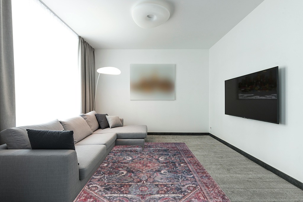 SAFAVIEH Tucson Collection Area Rug - 6' x 9', Dark Green & Rust, Persian Design, Non-Shedding Machine Washable & Slip Resistant Ideal for High Traffic Areas in Living Room, Bedroom (TSN175Y) in Modern Living Room with Grey Couch