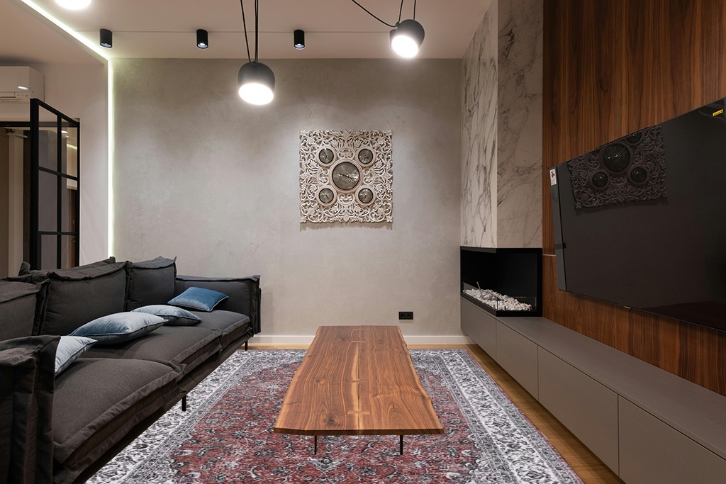 CAROMIO Vintage Area Rug in Dark Wood Living Room with Black Couch