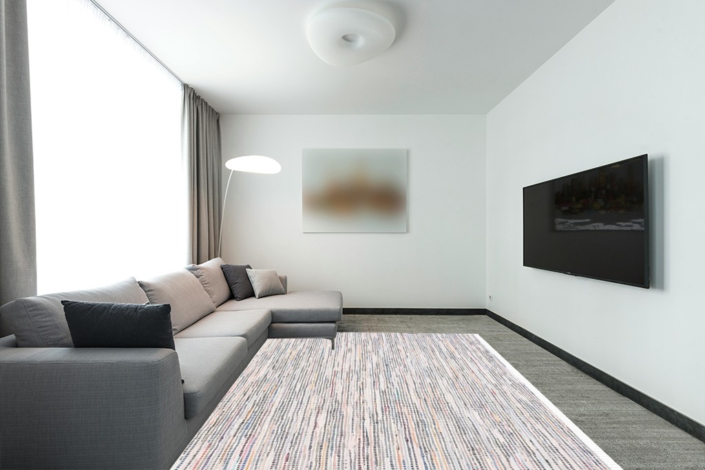 SAFAVIEH Rag Rug Collection Area Rug - 8' x 10', Ivory & Multi, Handmade Boho Stripe Cotton, Ideal for High Traffic Areas in Living Room, Bedroom (RAR125B) in Modern Living Room with Grey Couch