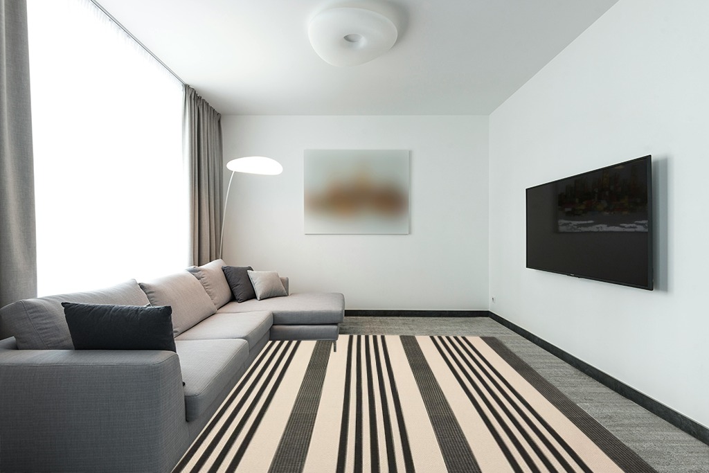SAFAVIEH Courtyard Collection Area Rug - 8' x 11', Black & Bone, Stripe Design, Non-Shedding & Easy Care, Indoor/Outdoor & Washable-Ideal for Patio, Backyard, Mudroom (CY6062-216) in Modern Living Room with Grey Couch