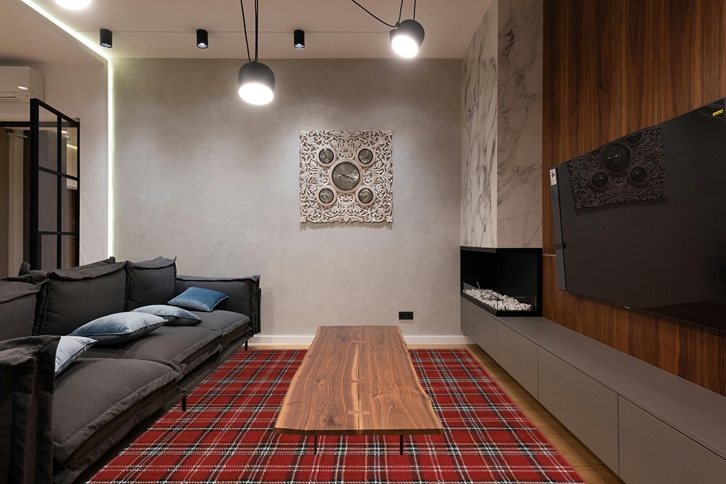 Nourison Grafix Red 7'10" x 9'10" Area -Rug, Modern, Plaid, Bed Room, Living Room, Dining Room, Kitchen, Easy -Cleaning, Non Shedding, (8' x 10') in Dark Wood Living Room with Black Couch