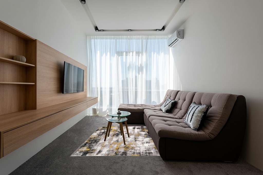 Rugshop Tralee Modern Abstract Stain Resistant Area Rug 5' x 7' Yellow in Grey Living Room with Brown Couch