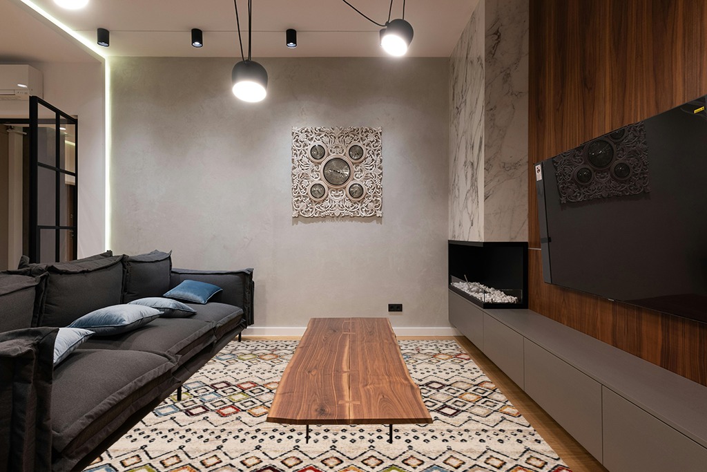 Ivory/Multi Transitional Non Slip Living Room Area Rug in Dark Wood Living Room with Black Couch