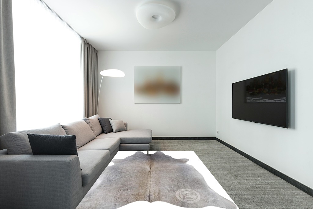 Sunshine Cowhides Genuine Grey Beige Cowhide Rug - Luxurious Cow Rug for Bedroom, Living Room, and Home Decor Enthusiasts - Masterpiece of Style and Functionality - Large - 6x6-7ft (180x220cm) in Modern Living Room with Grey Couch