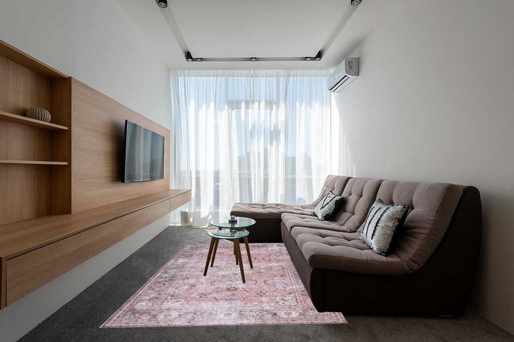 SAFAVIEH Tucson Collection Area Rug - 6' x 9', Pink & Beige, Persian Design, Non-Shedding Machine Washable & Slip Resistant Ideal for High Traffic Areas in Living Room, Bedroom (TSN144U) in Grey Living Room with Brown Couch