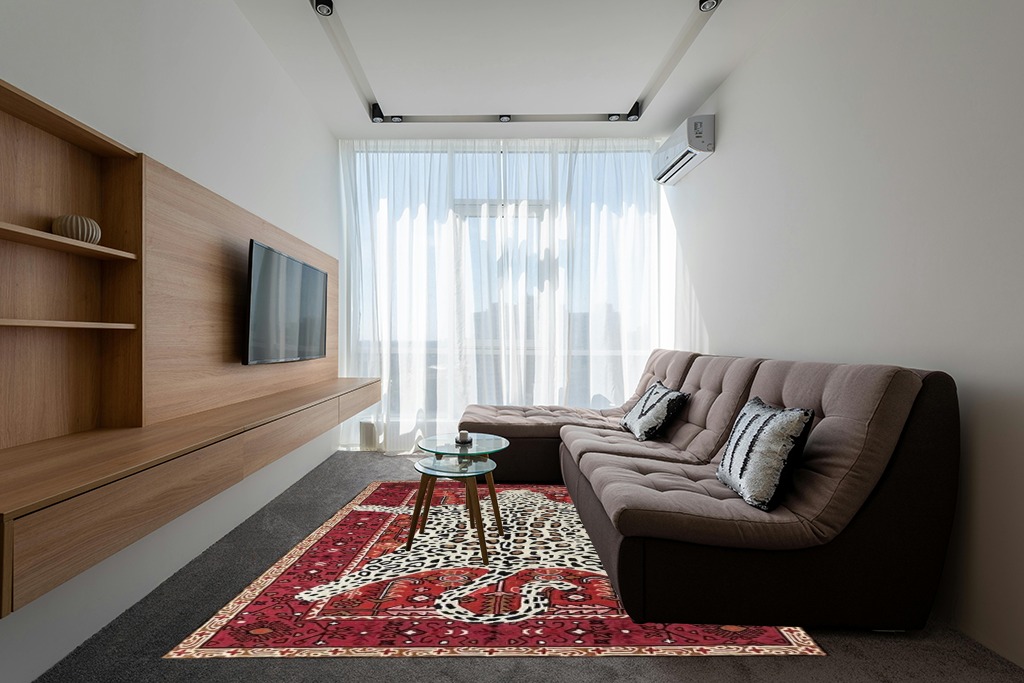 Restoration and Renovation Modern Leopard Wool Rug with Persian Background | Handmade, Animal Print Cheetah Area Carpet for Living Room, Bedroom and Kitchen Decor (4' x 6', Rust) in Grey Living Room with Brown Couch