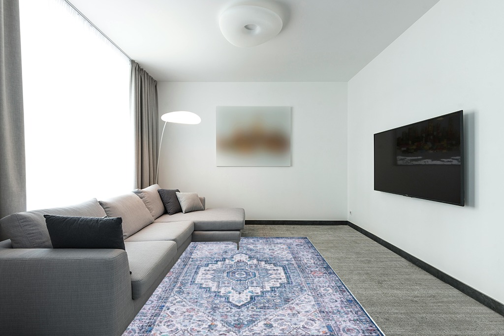SAFAVIEH Tucson Collection Area Rug - 6' x 9', Beige & Green, Persian Medallion Design, Non-Shedding Machine Washable & Slip Resistant Ideal for High Traffic Areas in Living Room, Bedroom (TSN198C) in Modern Living Room with Grey Couch