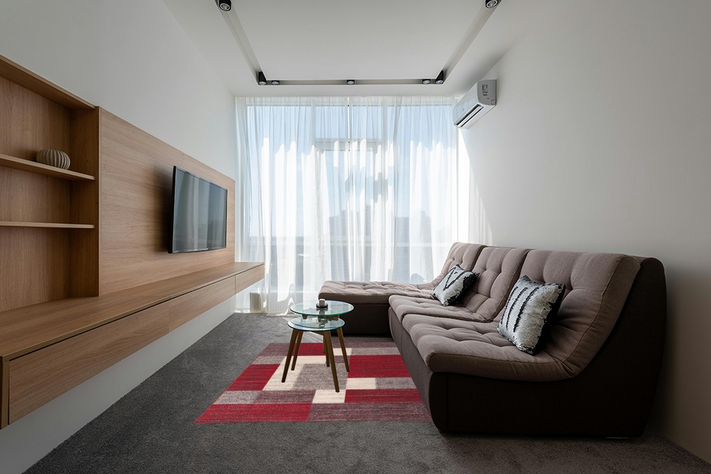 Modern Boxes Design Non-Slip (Non-Skid) Area Rug 5 X 7 (5' 3" X 7' 3") Red in Grey Living Room with Brown Couch