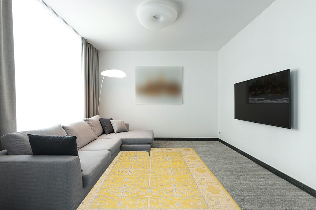 SAFAVIEH Stone Wash Collection 6' x 9' Yellow STW213A Hand-Knotted Premium Wool & Viscose Area Rug in Modern Living Room with Grey Couch