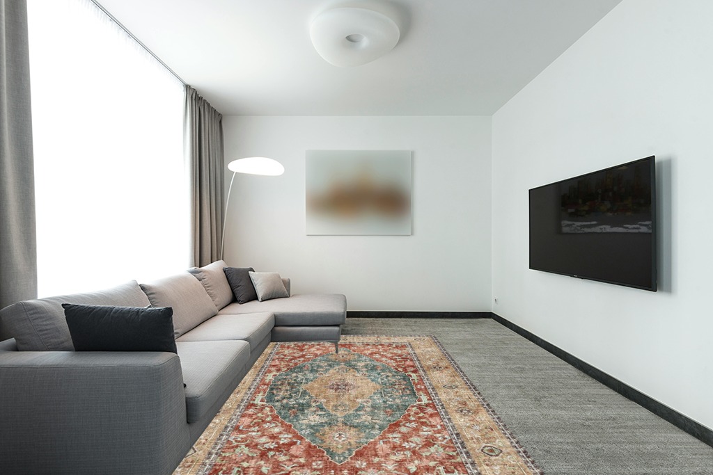 Valenrug 6x9 Area Rugs - Stain Resistant Lightweight Washable Rug, Anti-Skid Rugs for Living Room, Vintage Tribal Area Rug(Orange/Red, 6'x9') in Modern Living Room with Grey Couch