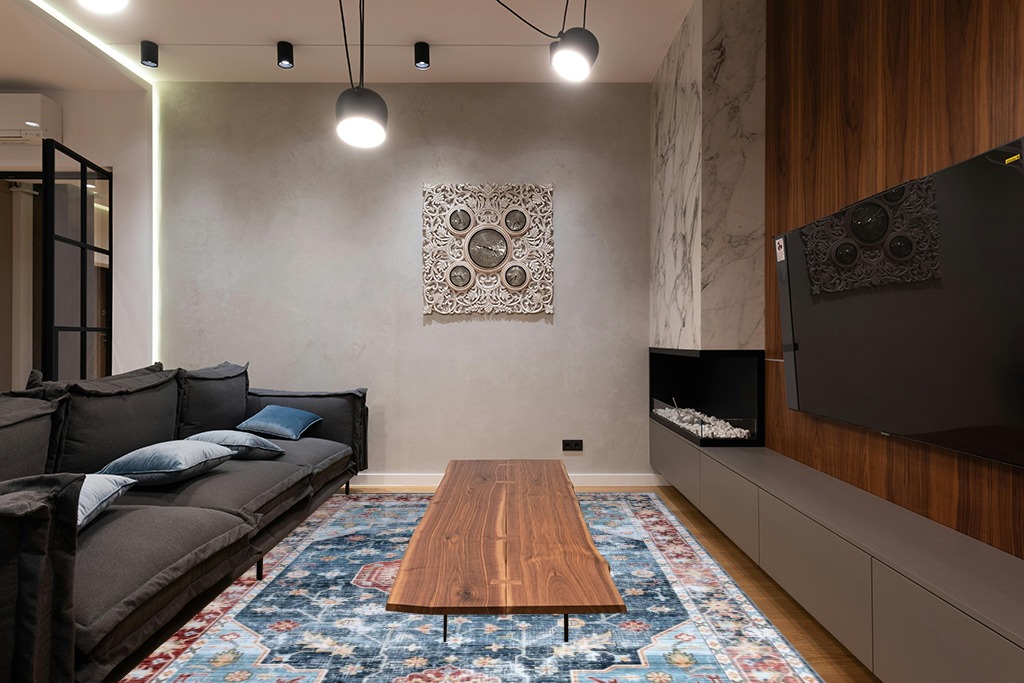 HOMBYS 8x10 Vintage Area Rug for Living Room Bedroom, Large Boho Floor Carpet with Non-Slip Backing for Indoor Office Dining Room, Traditional Home Deco Non-Shedding, Blue, Machine Washable in Dark Wood Living Room with Black Couch