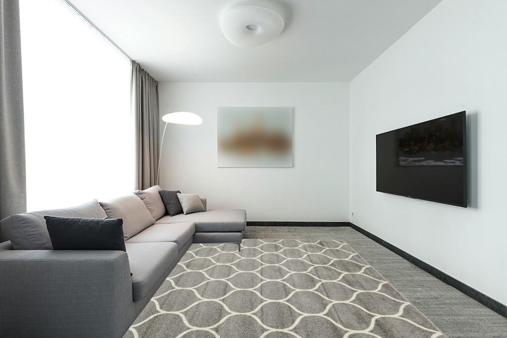 Unique Loom Trellis Frieze Collection Area Rug - Rounded (8' x 10', Light Gray/ Ivory) in Modern Living Room with Grey Couch