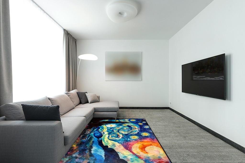 DNOVING Large Non-Slip Area Rug 5x7ft Starry Night Design, Perfect for Any Room Decorative Rug in Pink, Purple, and Blue in Modern Living Room with Grey Couch