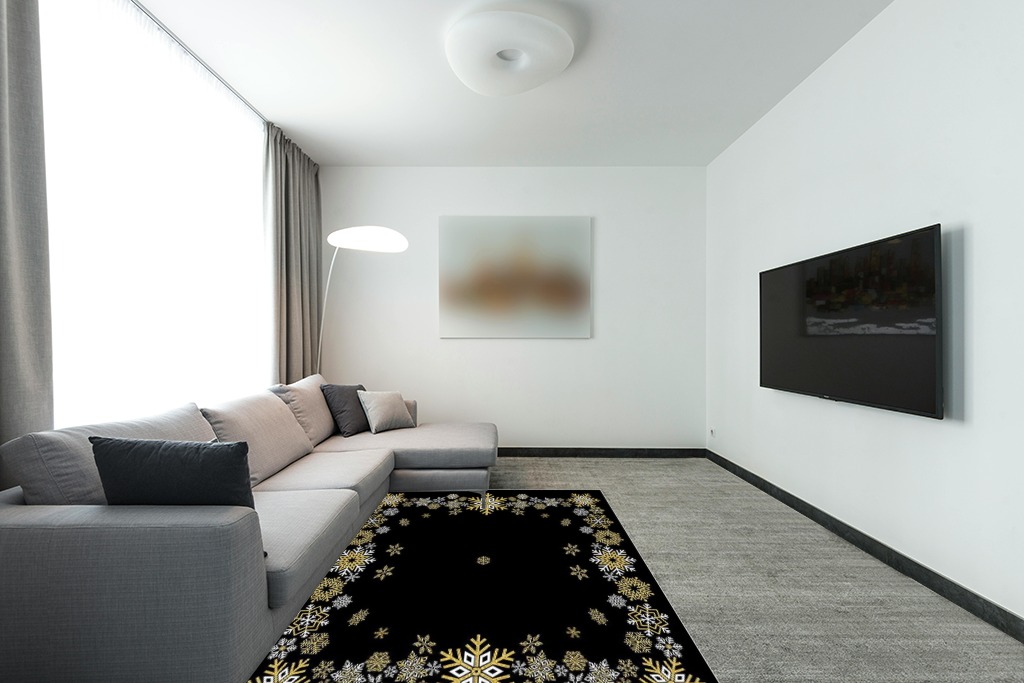 Christmas Area Rug 5 x 8, Washable Bedroom Rug Non-Slip Kitchen Rugs Non Shedding Floor Cover Mat Runner Rug for Living Room Dining Room Outdoor Carpet Winter Snowflakes Black Gold in Modern Living Room with Grey Couch