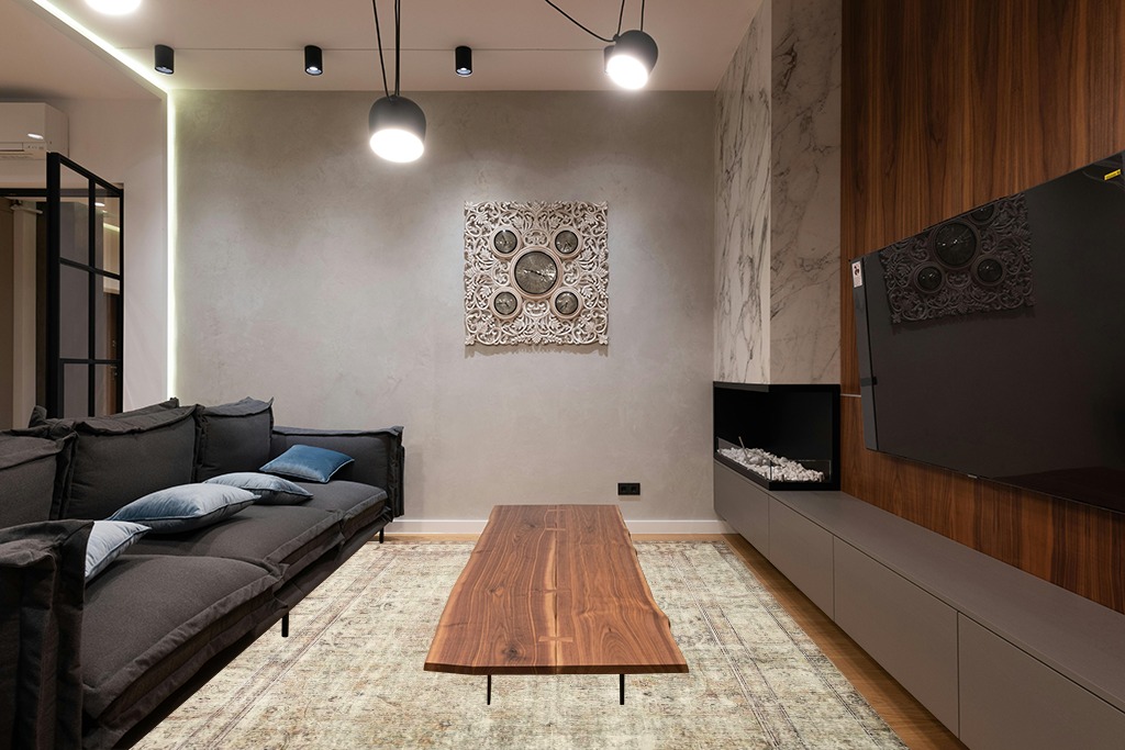 Loloi II Margot Collection MAT-01 Antique/Sage 7'-6" x 9'-6" Area Rug feat. CloudPile in Dark Wood Living Room with Black Couch