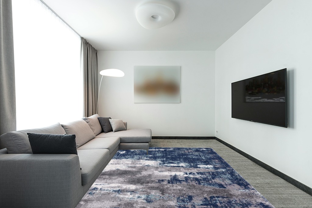 Blue Modern Stain Resistant Living Room, Bedroom, Playroom, Hallway, Dining Room Area Rug in Modern Living Room with Grey Couch