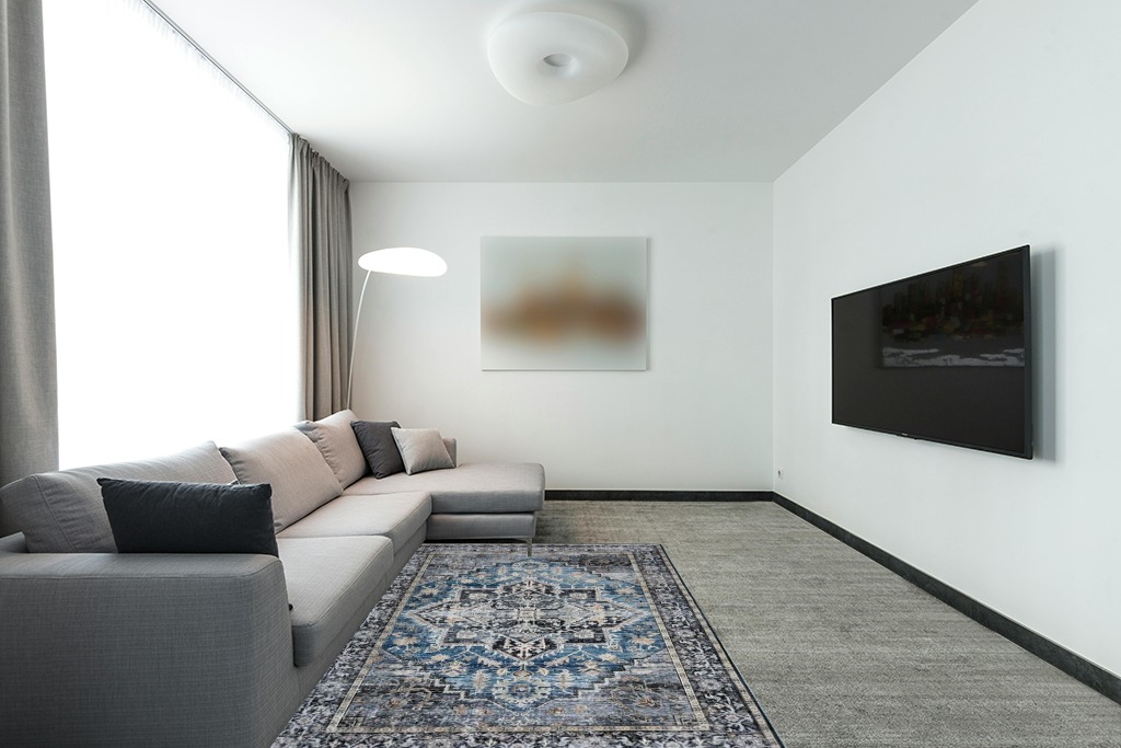 COZYLOOM 5x7 Vintage Medallion Distressed Rug Oriental Floral Printed Rug Boho Chenille Soft Floor Cover for Living Room Bedroom Non-Slip Low Pile Washable Rug Foldable Thin Blue/Black in Modern Living Room with Grey Couch
