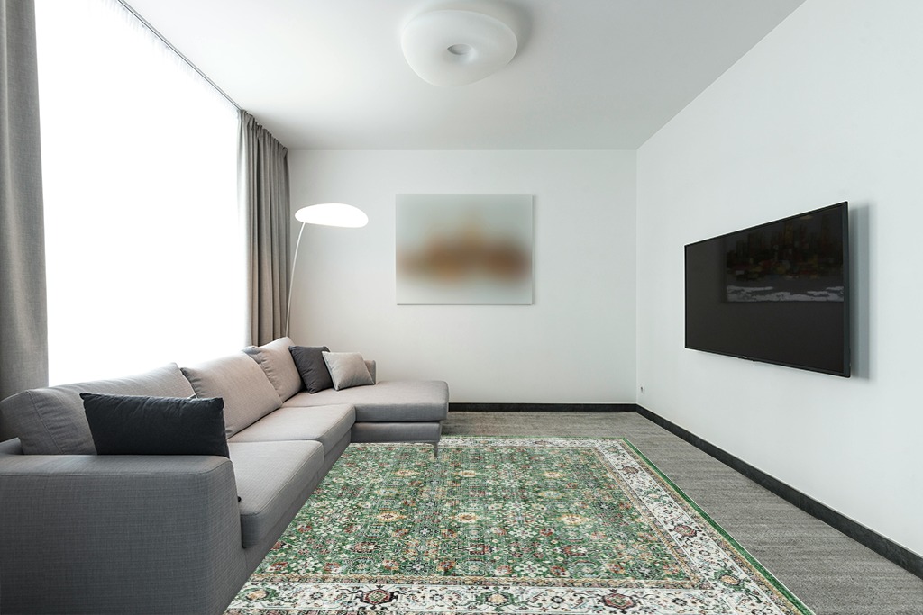 befbee 8x10 Area Rugs for Living Room- Ultra-Thin Stain Resistant Washable Rug, Non-Slip Backing Rugs, Large Room Decor Area Rug (Grass Green,8'x10') in Modern Living Room with Grey Couch