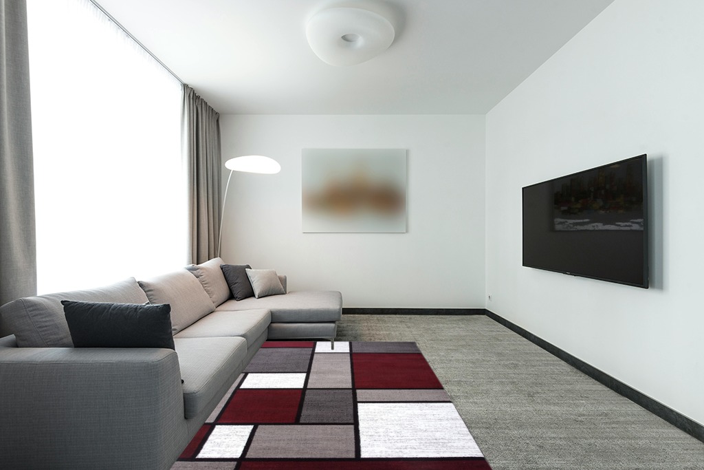 Rugshop Contemporary Modern Boxes Area Rug 5' 3" X 7' 3" Red in Modern Living Room with Grey Couch