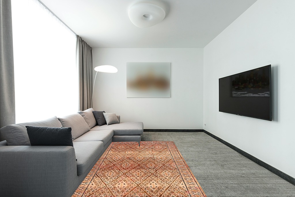 Rugs USA x Prabal Gurung Bagmati Machine Washable Area Rug, 5x8, Orange in Modern Living Room with Grey Couch