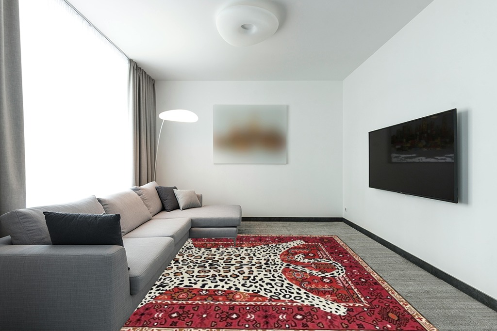 Restoration and Renovation Modern Leopard Wool Rug with Persian Background | Handmade, Animal Print Cheetah Area Carpet for Living Room, Bedroom and Kitchen Decor (4' x 6', Rust) in Modern Living Room with Grey Couch