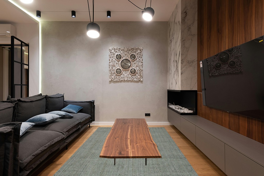 SAFAVIEH Natural Fiber Collection Area Rug - 6' x 9', Green & Grey, Handmade Farmhouse Jute, Ideal for High Traffic Areas in Living Room, Bedroom (NF730B) in Dark Wood Living Room with Black Couch