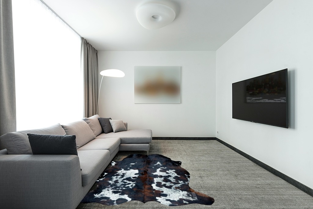 bonanza leathers Genuine Cowhide Rug Dark Tricolor Size S/L/XL 5X6/6X7/7X8 FT (7x8) in Modern Living Room with Grey Couch