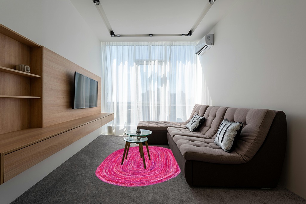 Safavieh Braided Collection Area Rug - 5' x 8' Oval, Pink & Fuchsia, Handmade Country Farmhouse Reversible Cotton, Ideal for High Traffic Areas in Living Room, Bedroom (BRD452U) in Grey Living Room with Brown Couch