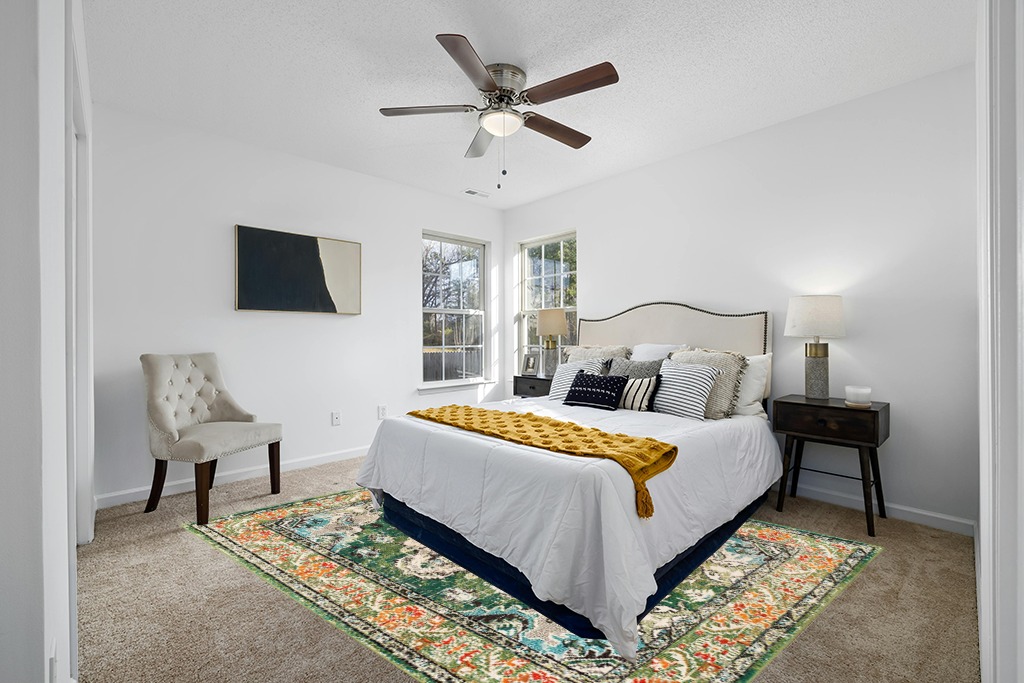 Forest Green/Light Blue Rug Non shedding, Stain Resistant, Pet friendly in White and Yellow Modern Bedroom
