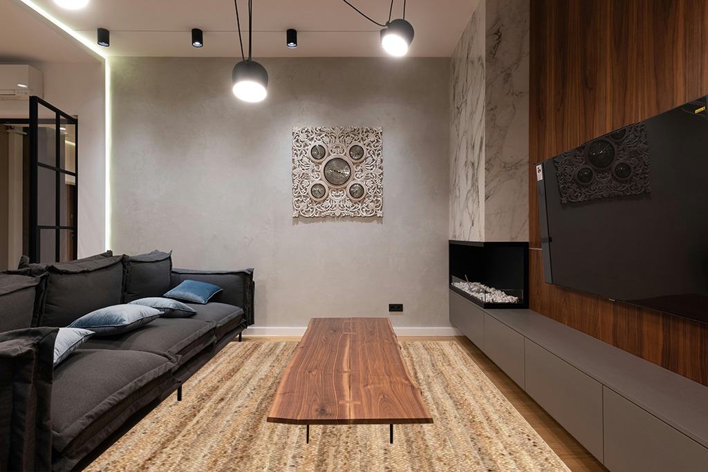 nuLOOM Rigo Hand Woven Farmhouse Jute Area Rug, 9' x 12', Natural in Dark Wood Living Room with Black Couch