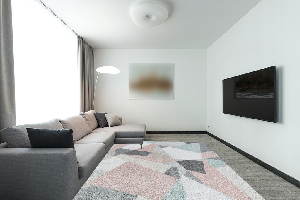 Rugs America Mika Collection MO60A Milkshake Contemporary Geometric Area Rug 8'0"x10'0" in Modern Living Room with Grey Couch